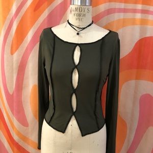 Army Green Exposed Seam Cutout Long Sleeve Top